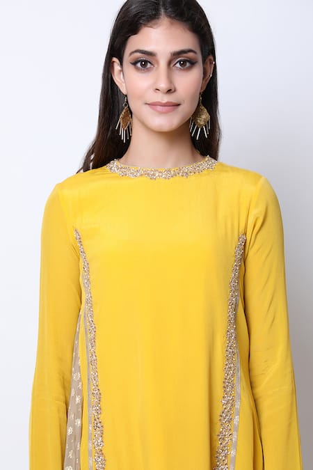 Buy_Nikasha_Beige Round Asymmetric Kurta Dhoti Pant Set _Online_at_Aza_Fashions