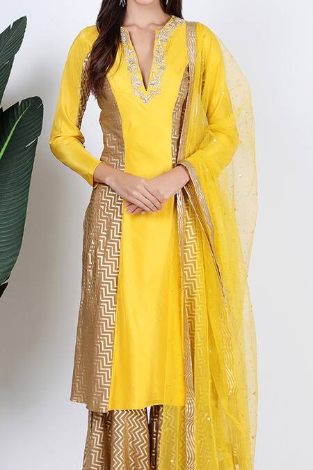 Buy_Nikasha_Gold Silk V Neck Printed Kurta Sharara Set _Online_at_Aza_Fashions