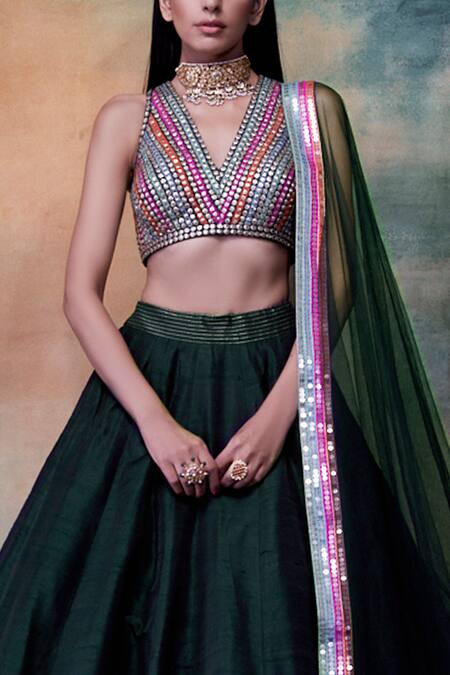 Shop_Vvani By Vani Vats_Green Raw Silk V Neck Embroidered Lehenga Set _Online_at_Aza_Fashions