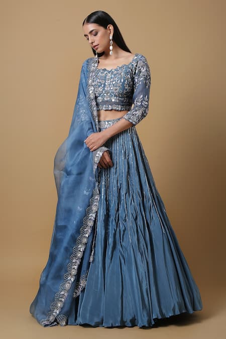 Niamh By Kriti Blue Organza Embroidered Sequins Square Neck Bridal Lehenga Set 