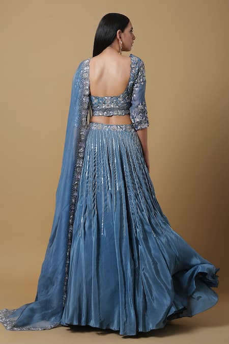 Shop Niamh By Kriti Blue Organza, Crepe Sequins Square Neck Embroidered Bridal Lehenga Set at Aza Fashions Shop_Niamh By Kriti_Blue Organza, Crepe Sequins Square Neck Embroidered Bridal Lehenga Set _at_Aza_Fashions