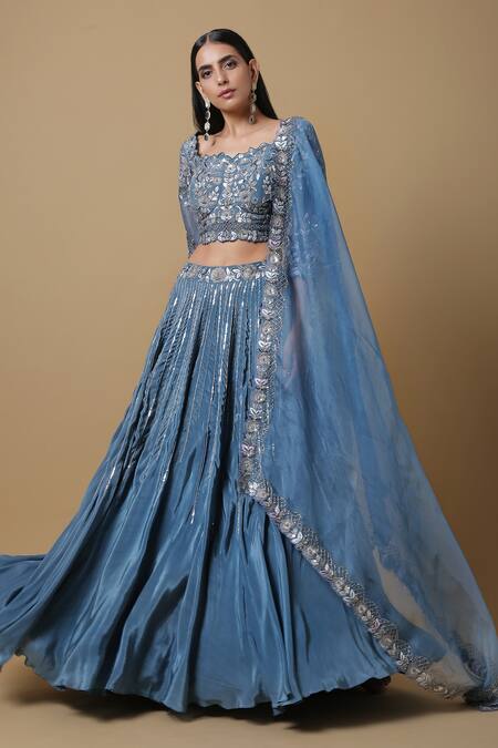 Niamh By Kriti Blue Organza, Crepe Sequins Square Neck Embroidered Bridal Lehenga Set Online at Aza Fashions Niamh By Kriti_Blue Organza, Crepe Sequins Square Neck Embroidered Bridal Lehenga Set _Online_at_Aza_Fashions
