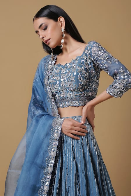 Buy Niamh By Kriti Blue Organza, Crepe Sequins Square Neck Embroidered Bridal Lehenga Set Online at Aza Fashions Buy_Niamh By Kriti_Blue Organza, Crepe Sequins Square Neck Embroidered Bridal Lehenga Set _Online_at_Aza_Fashions