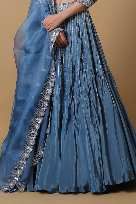 Shop Niamh By Kriti Blue Organza, Crepe Sequins Square Neck Embroidered Bridal Lehenga Set Online at Aza Fashions Shop_Niamh By Kriti_Blue Organza, Crepe Sequins Square Neck Embroidered Bridal Lehenga Set _Online_at_Aza_Fashions