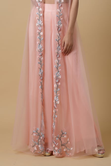 Shop Niamh By Kriti Pink Net, Georgette Thread Work Round Embroidered Jacket Palazzo Set Online at Aza Fashions Shop_Niamh By Kriti_Pink Net, Georgette Thread Work Round Embroidered Jacket Palazzo Set _Online_at_Aza_Fashions