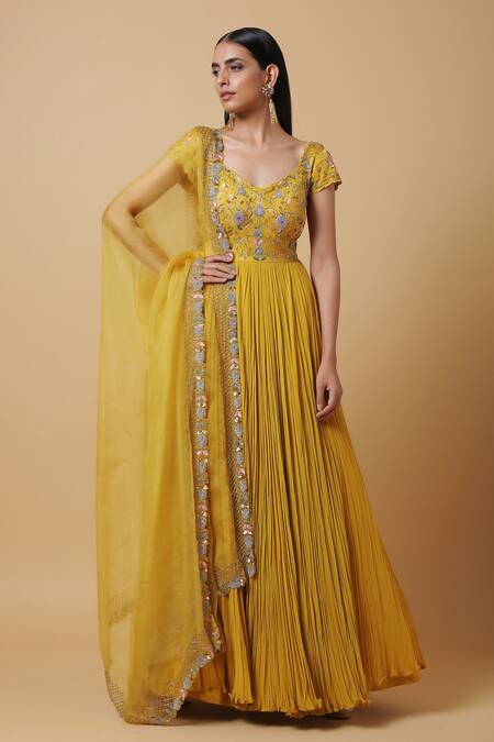 Niamh By Kriti_Yellow Organza, Crepe, Georgette Resham Floral Embroidered Anarkali With Dupatta _Online_at_Aza_Fashions