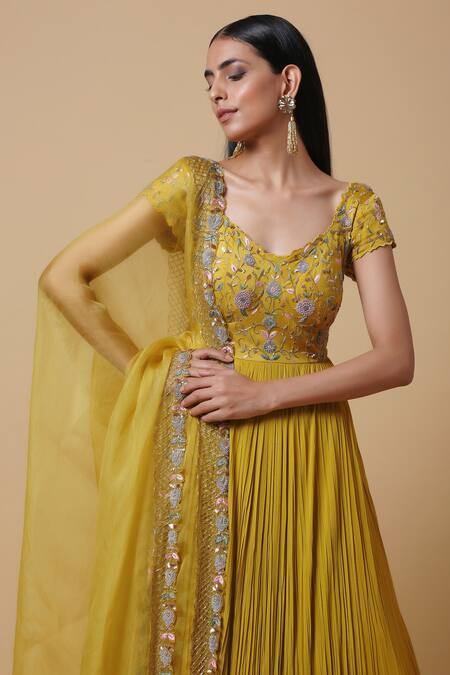 Buy_Niamh By Kriti_Yellow Organza, Crepe, Georgette Resham Floral Embroidered Anarkali With Dupatta _Online_at_Aza_Fashions