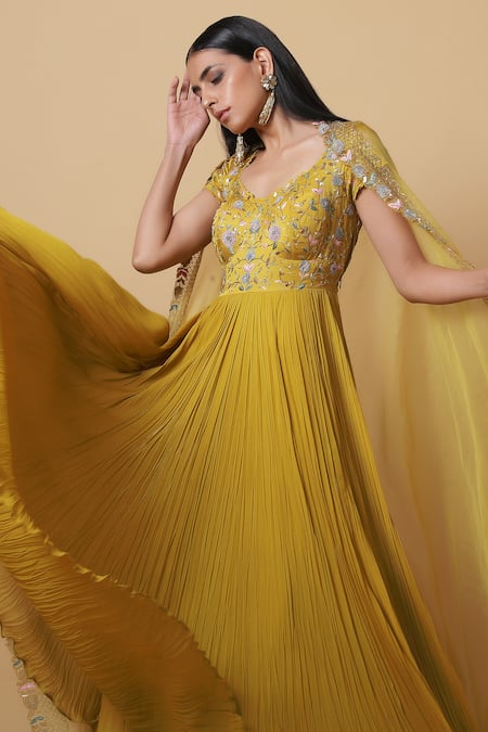 Shop_Niamh By Kriti_Yellow Organza, Crepe, Georgette Resham Floral Embroidered Anarkali With Dupatta _Online_at_Aza_Fashions