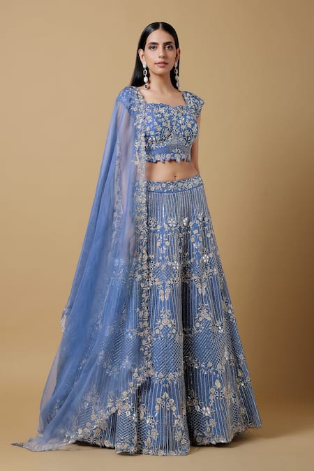 Niamh By Kriti_Blue Satin , Organza Mirror Work, Embroidered Bridal Lehenga Set _Online_at_Aza_Fashions