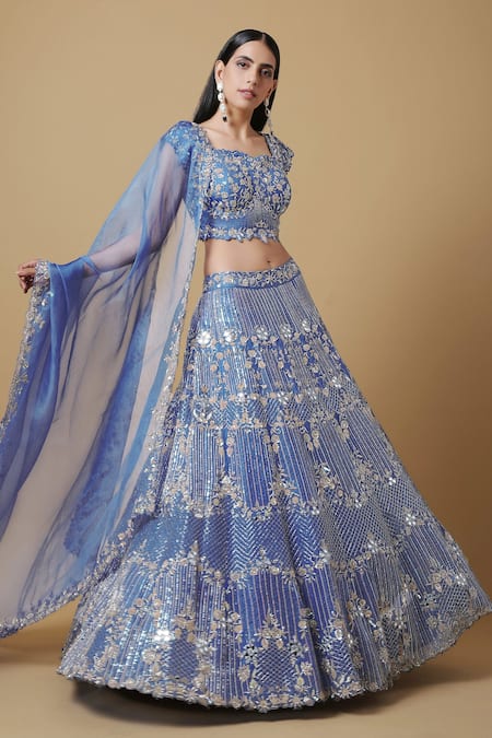 Niamh By Kriti Blue Organza Silk Embroidered Sequins Square Neck Bridal Lehenga Set 