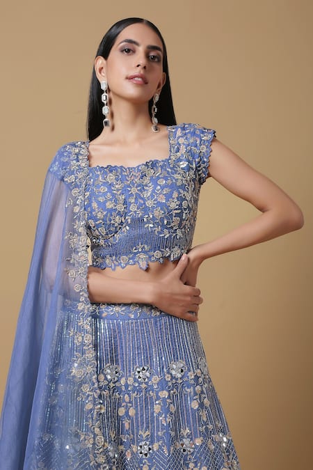 Buy_Niamh By Kriti_Blue Satin , Organza Mirror Work, Embroidered Bridal Lehenga Set _Online_at_Aza_Fashions