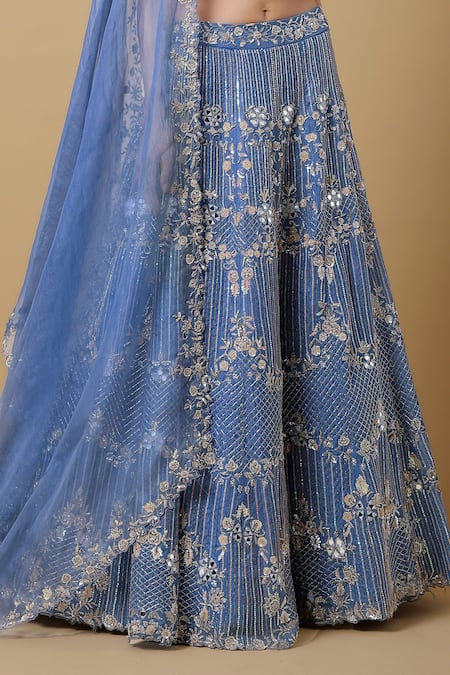 Shop_Niamh By Kriti_Blue Satin , Organza Mirror Work, Embroidered Bridal Lehenga Set _Online_at_Aza_Fashions