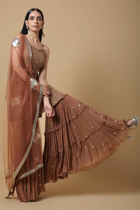 Niamh By Kriti_Brown Net, Georgette Cutdana Work, Mirror Hand Embroidered Kurta Sharara Set _Online_at_Aza_Fashions