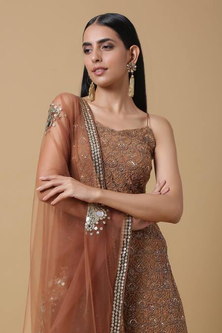 Shop_Niamh By Kriti_Brown Net, Georgette Cutdana Work, Mirror Hand Embroidered Kurta Sharara Set _Online_at_Aza_Fashions
