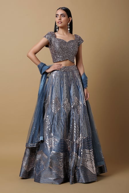 Niamh By Kriti_Blue Net, Satin Silk Cutdana Work, Sequins V Neck Embroidered Bridal Lehenga Set _Online_at_Aza_Fashions