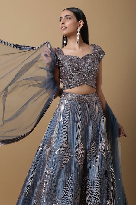 Buy_Niamh By Kriti_Blue Net, Satin Silk Cutdana Work, Sequins V Neck Embroidered Bridal Lehenga Set _Online_at_Aza_Fashions