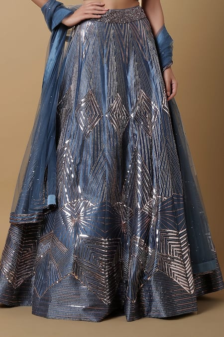 Shop_Niamh By Kriti_Blue Net, Satin Silk Cutdana Work, Sequins V Neck Embroidered Bridal Lehenga Set _Online_at_Aza_Fashions