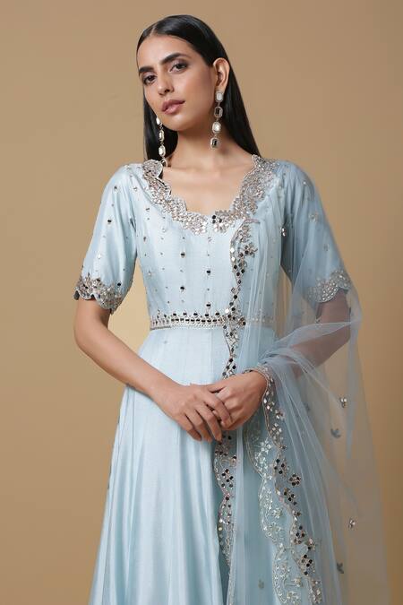 Niamh By Kriti_Blue Net, Chanderi Resham Work Round Mirror Embroidered Anarkali With Dupatta _Online_at_Aza_Fashions