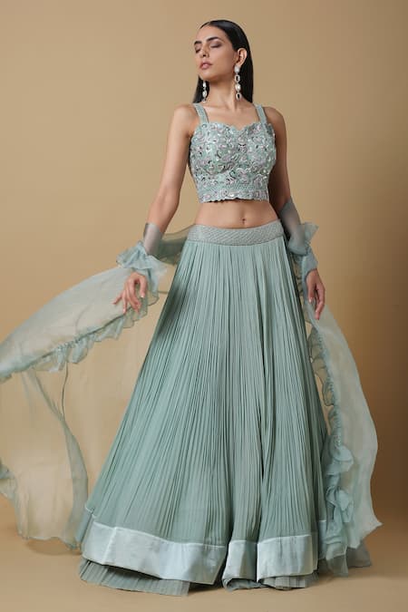 Niamh By Kriti_Green Organza, Georgette, Silk Chanderi Ruffle Cape Embroidered Lehenga Set  _Online_at_Aza_Fashions