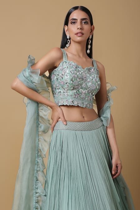 Buy_Niamh By Kriti_Green Organza, Georgette, Silk Chanderi Ruffle Cape Embroidered Lehenga Set  _Online_at_Aza_Fashions