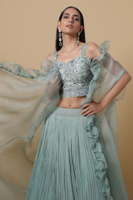 Shop_Niamh By Kriti_Green Organza, Georgette, Silk Chanderi Ruffle Cape Embroidered Lehenga Set  _Online_at_Aza_Fashions