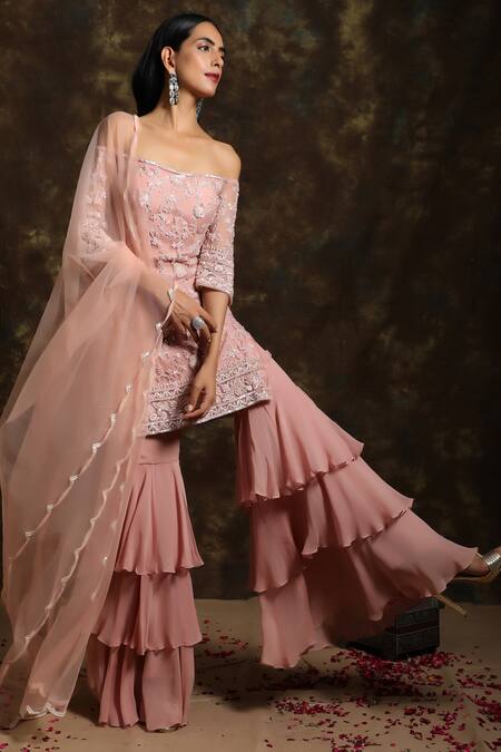 Niamh By Kriti_Pink Net, Georgette Pearl Work, Sequin Work, Hand Embroidered Kurta Sharara Set _Online_at_Aza_Fashions