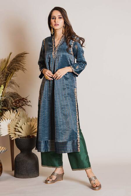 Maliha By Anar And Anoli Blue Chanderi Silk V Neck Kurta And Pant Set