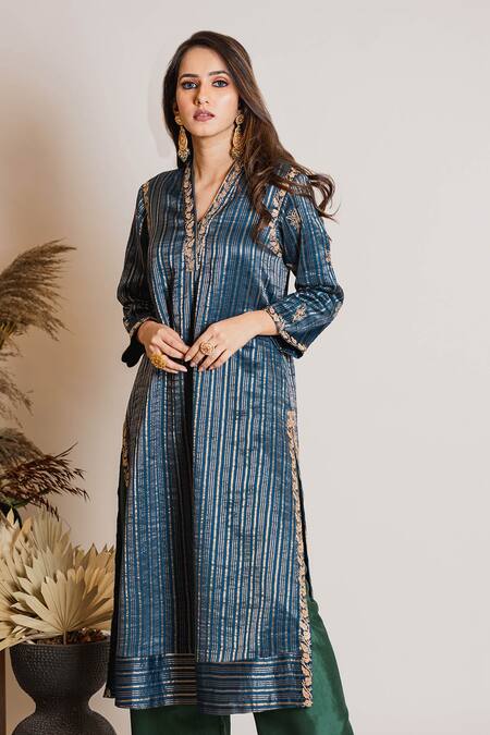 Shop Maliha By Anar And Anoli Blue Chanderi Silk V Neck Kurta And Pant Set at Aza Fashions Shop_Maliha By Anar And Anoli_Blue Chanderi Silk V Neck Kurta And Pant Set_at_Aza_Fashions