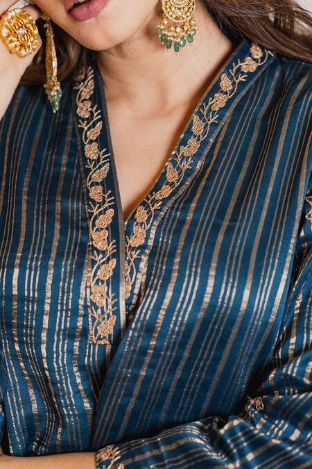 Maliha By Anar And Anoli Blue Chanderi Silk V Neck Kurta And Pant Set Online at Aza Fashions Maliha By Anar And Anoli_Blue Chanderi Silk V Neck Kurta And Pant Set_Online_at_Aza_Fashions