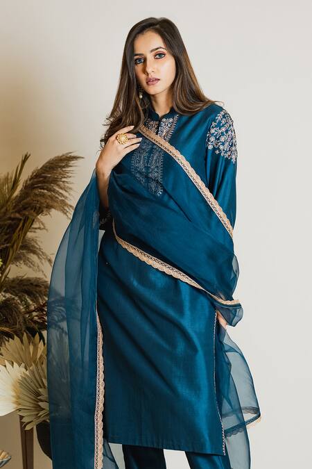 Maliha By Anar And Anoli_Blue Chanderi Silk Stand Collar Kurta Set_Online_at_Aza_Fashions