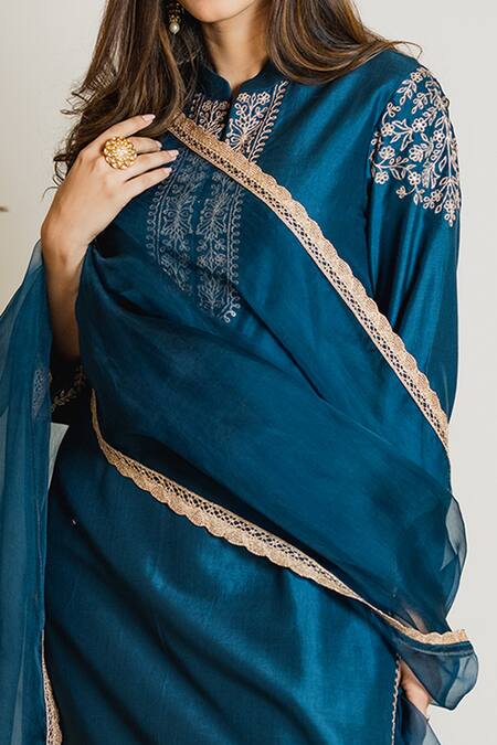 Shop_Maliha By Anar And Anoli_Blue Chanderi Silk Stand Collar Kurta Set_Online_at_Aza_Fashions