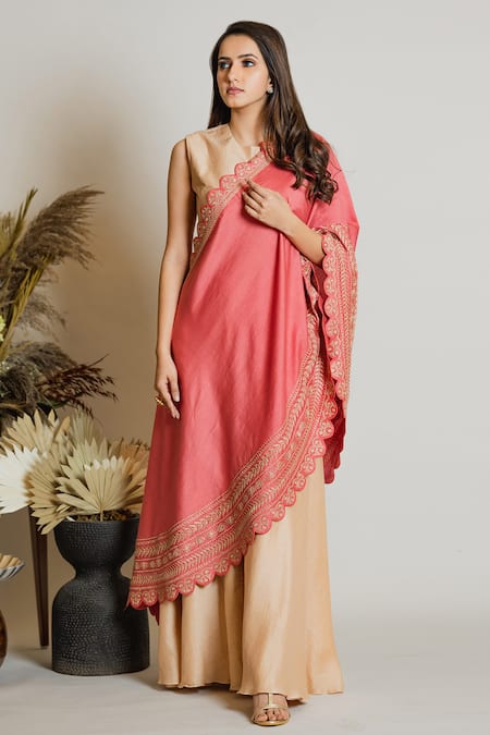 Maliha by Anar and Anoli Beige Silk Round Draped Pant Saree Set 