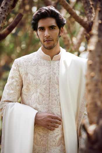 Buy_Anita Dongre_Beige 100% Silk Raadhik Sherwani _Online_at_Aza_Fashions