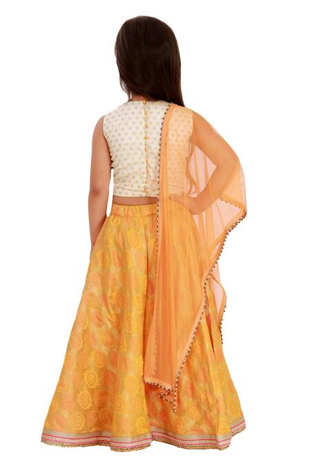 Bloomers by Amrita M Yellow Satin Crepe Floral Motif Lehenga Set   2