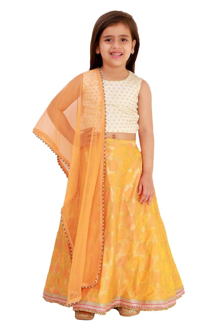 Bloomers by Amrita M Yellow Satin Crepe Floral Motif Lehenga Set   3