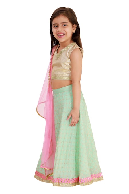 Bloomers By Amrita M_Blue Chiffon, Net Lace, Embroidery Floral Motif Lehenga Set _Online_at_Aza_Fashions