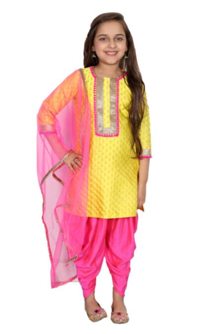 Bloomers By Amrita M_Yellow Silk, Net Lace, Sequins Kurta Set _Online_at_Aza_Fashions