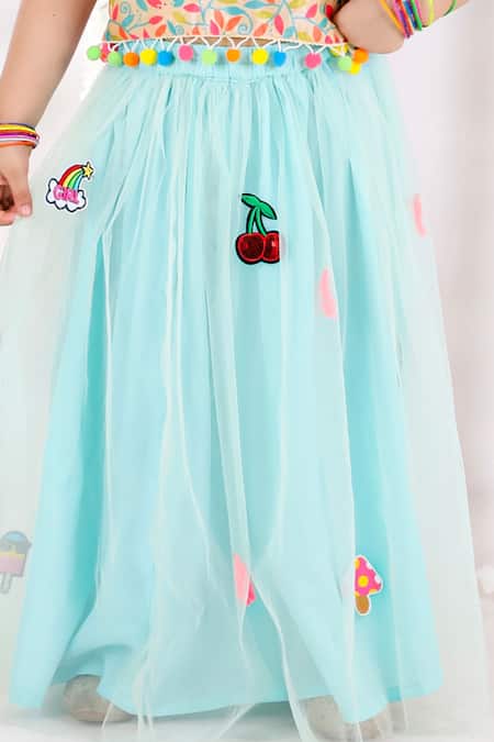 Buy_Bloomers By Amrita M_Blue Cotton, Silk, Net Tassels, Pom-poms, Embroidery Patchwork Lehenga Set _Online_at_Aza_Fashions