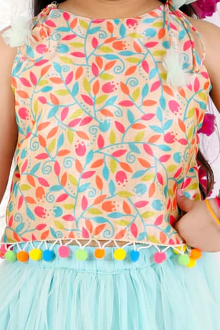 Shop_Bloomers By Amrita M_Blue Cotton, Silk, Net Tassels, Pom-poms, Embroidery Patchwork Lehenga Set _Online_at_Aza_Fashions