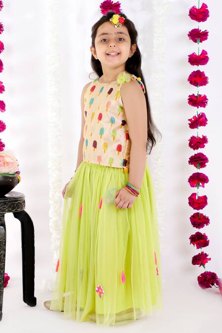 Bloomers By Amrita M_Green Cotton, Silk, Net Tassels, Pom-poms Patchwork Lehenga Set _Online_at_Aza_Fashions