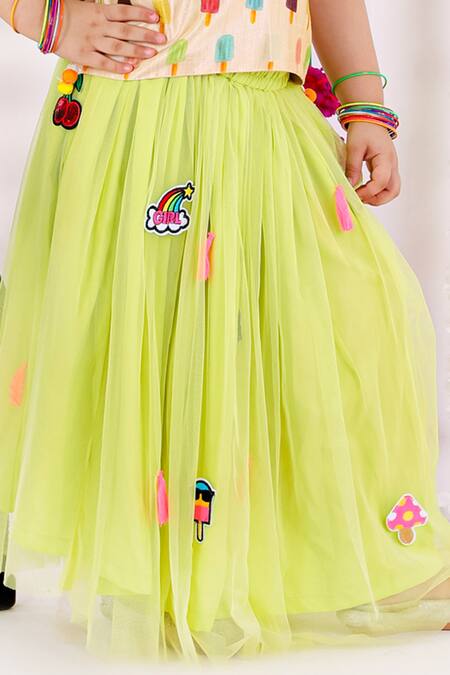 Buy_Bloomers By Amrita M_Green Cotton, Silk, Net Tassels, Pom-poms Patchwork Lehenga Set _Online_at_Aza_Fashions