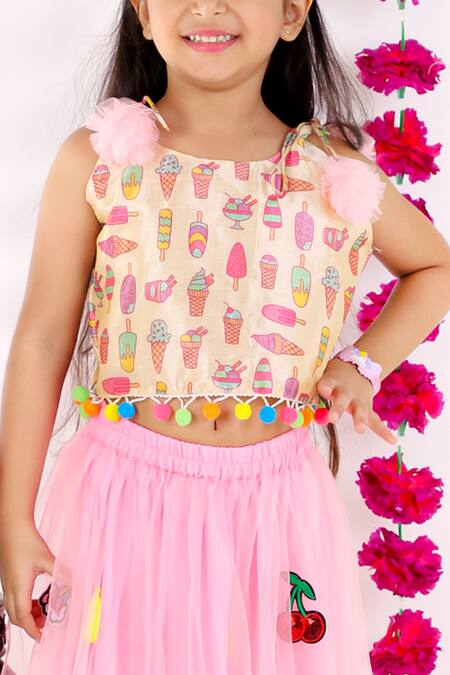 Buy_Bloomers By Amrita M_Pink Cotton Satin, Net, Cotton, Silk Pom-poms, Tassels Patchwork Lehenga Set _Online_at_Aza_Fashions