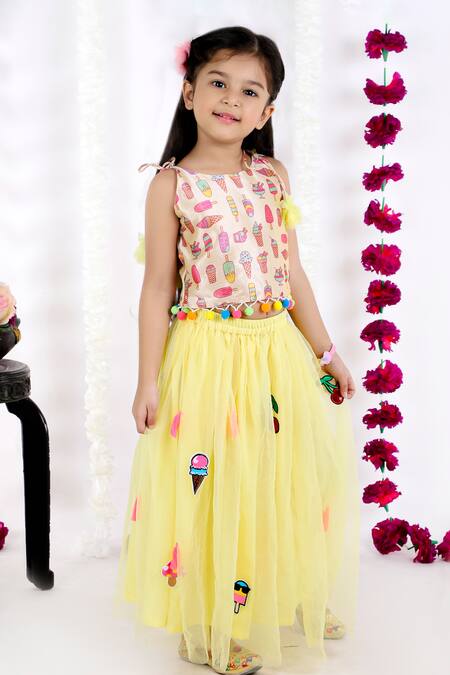 Bloomers By Amrita M_Yellow Satin, Net, Tassels, Pom-poms Patchwork Lehenga Set _Online_at_Aza_Fashions