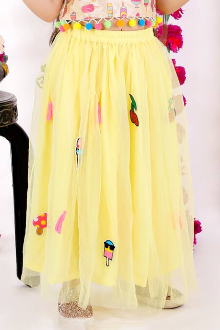 Buy_Bloomers By Amrita M_Yellow Satin, Net, Tassels, Pom-poms Patchwork Lehenga Set _Online_at_Aza_Fashions
