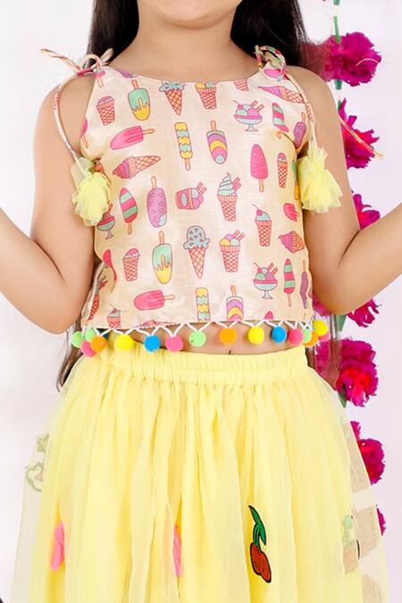 Shop_Bloomers By Amrita M_Yellow Satin, Net, Tassels, Pom-poms Patchwork Lehenga Set _Online_at_Aza_Fashions