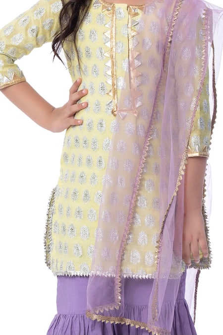 Bloomers By Amrita M_Yellow Silk, Cotton, Net, Chanderi Lace, Embroidery Kurta Set _Online_at_Aza_Fashions