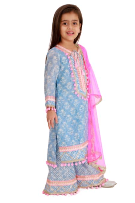 Bloomers By Amrita M_Blue Cotton, Chiffon Pom-poms Printed Kurta Set _Online_at_Aza_Fashions