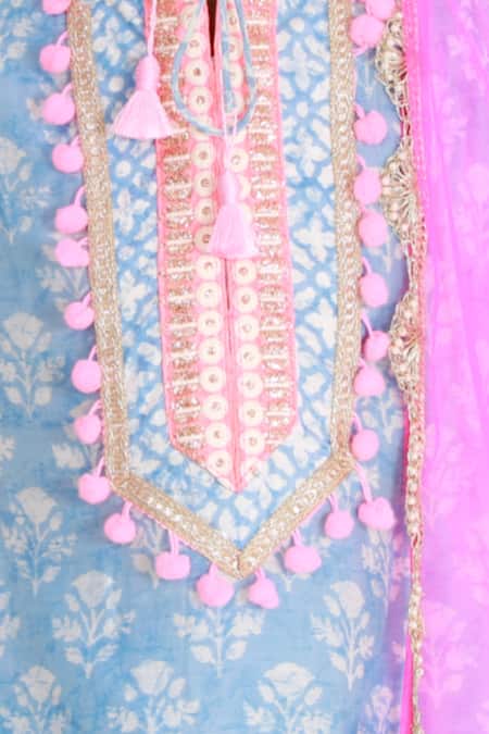 Buy_Bloomers By Amrita M_Blue Cotton, Chiffon Pom-poms Printed Kurta Set _Online_at_Aza_Fashions