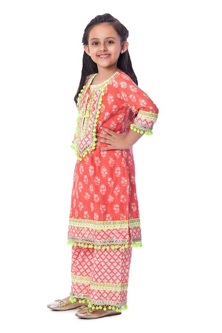 Bloomers By Amrita M_Red Cotton, Maheshwari Pom-poms Printed Kurta And Palazzo Set _Online_at_Aza_Fashions