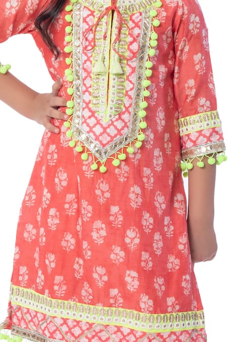 Buy_Bloomers By Amrita M_Red Cotton, Maheshwari Pom-poms Printed Kurta And Palazzo Set _Online_at_Aza_Fashions